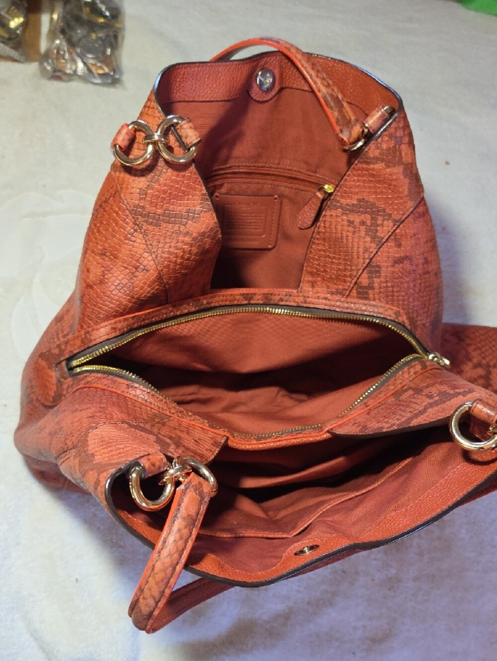 Coach Rust Leather Shoulder Bag with Snakeskin-Print Trim - Picture 4 of 16